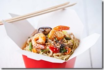Egg noodles with shiitake mushrooms, shrimp and pork in sweet and sour sauce