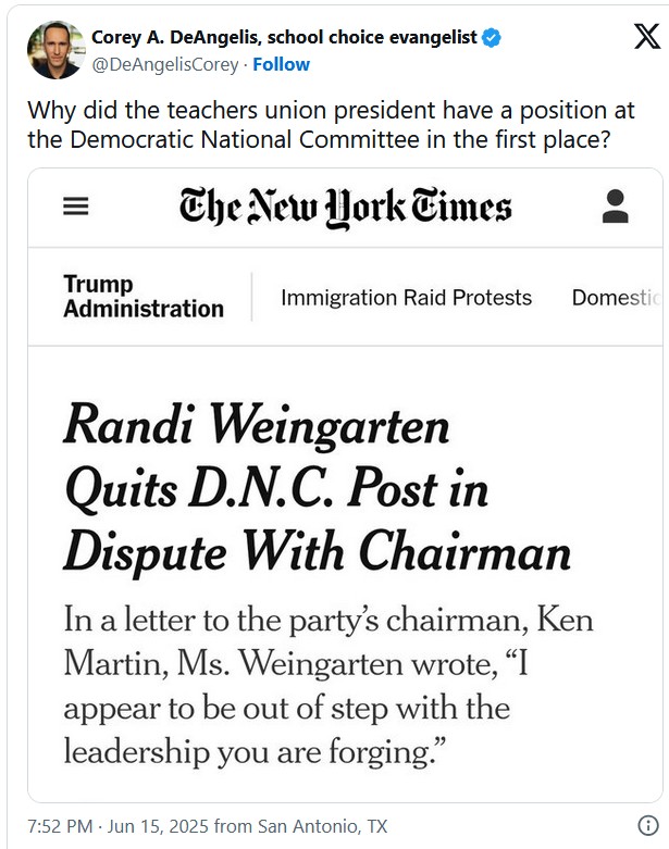 NextImg:Randi Weingarten Quits... The DNC, Where She's Had a Post for 23 Years